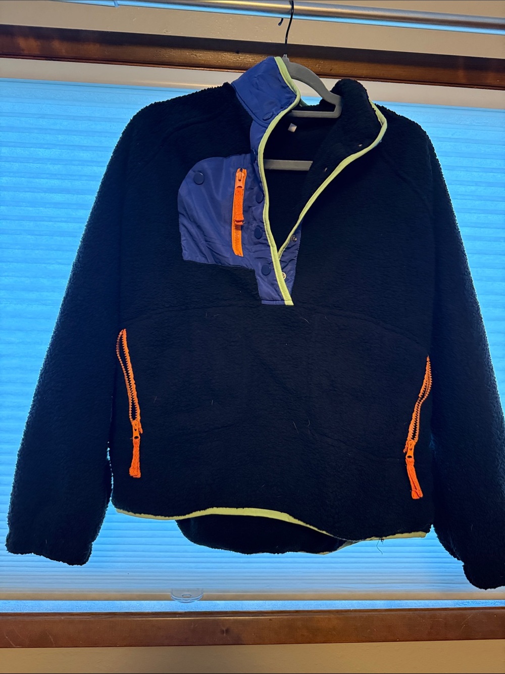 Women’s Black Fleece Pullover Jacket with Blue Panel and Orange Zippers